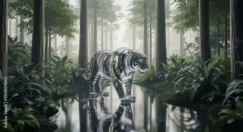 Majestic white tiger exploring misty forest landscape