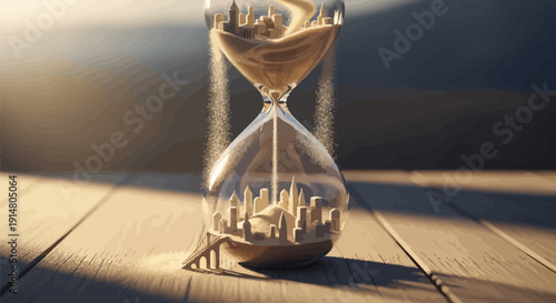 Cityscape flows through elegant hourglass on wooden desk