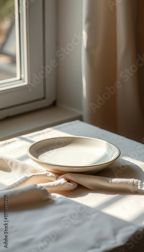 Wallpaper Mural Soft light bathes a single ceramic plate, casting gentle shadows on raw linen,  texture,  natural Torontodigital.ca