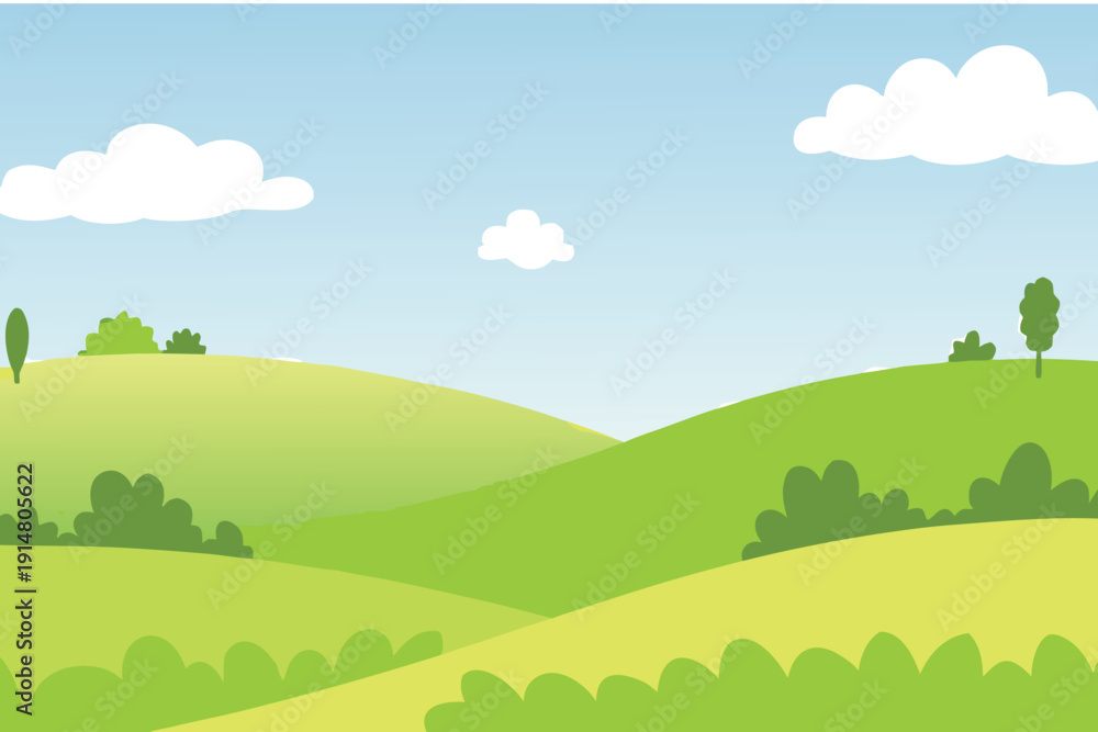 Fototapeta premium A serene landscape illustration depicting rolling green hills under a bright blue