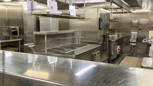 Empty Commercial Kitchen Interior with Stainless Steel Counters and Equipment