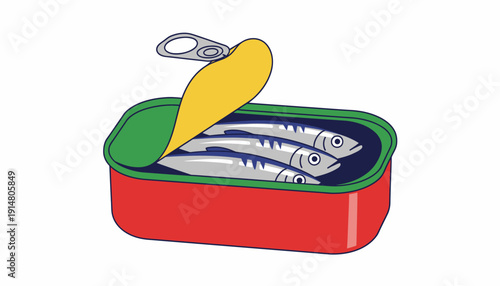 Open Sardines Tin Can Vector Illustration. Seafood Packaging, Preserved Fish, Minimalist Design.