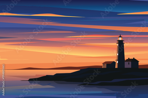 A serene coastal scene depicts a lighthouse silhouetted against a vibrant sunset