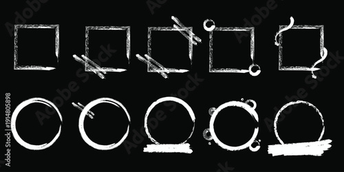 White Chalk Hand Drawn Frames Vector Set – Square and Circle Sketch Borders on Black Background