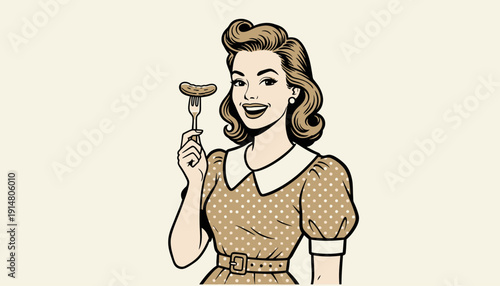 Vintage Pop Art Housewife with Pickle Craving. Smiling Retro Woman Holding Gherkin on a Fork. 1950s Comic Book Illustration.