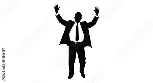 A celebratory businessman with arms raised in triumph depicted as a black silhouette on transparent background high quality professional detailed modern