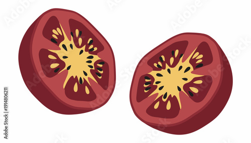 Isolated Tomato Halves Cross-Section Illustration. Ripe red vegetable graphic element showing seeds and pulp.