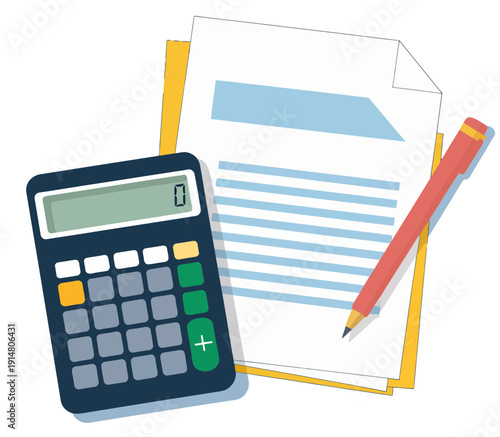 A detailed illustration of a calculator, documents, and a pencil on a flat surface viewed from directly above with minimal details.