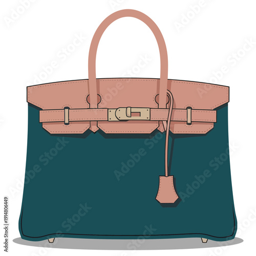 An illustration of an elegant luxury handbag with a lock and key design, showcasing a sophisticated accessory, on a clean white background from a front viewpoint, displaying high-end fashion.