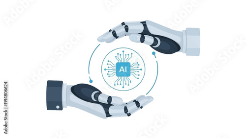Robotic hands safeguarding a central artificial intelligence processor, symbolizing technological development, security, and the future of smart automation in a digital world.