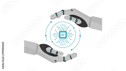 Robotic hands safeguarding a central artificial intelligence processor, symbolizing advanced technology development and digital protection.