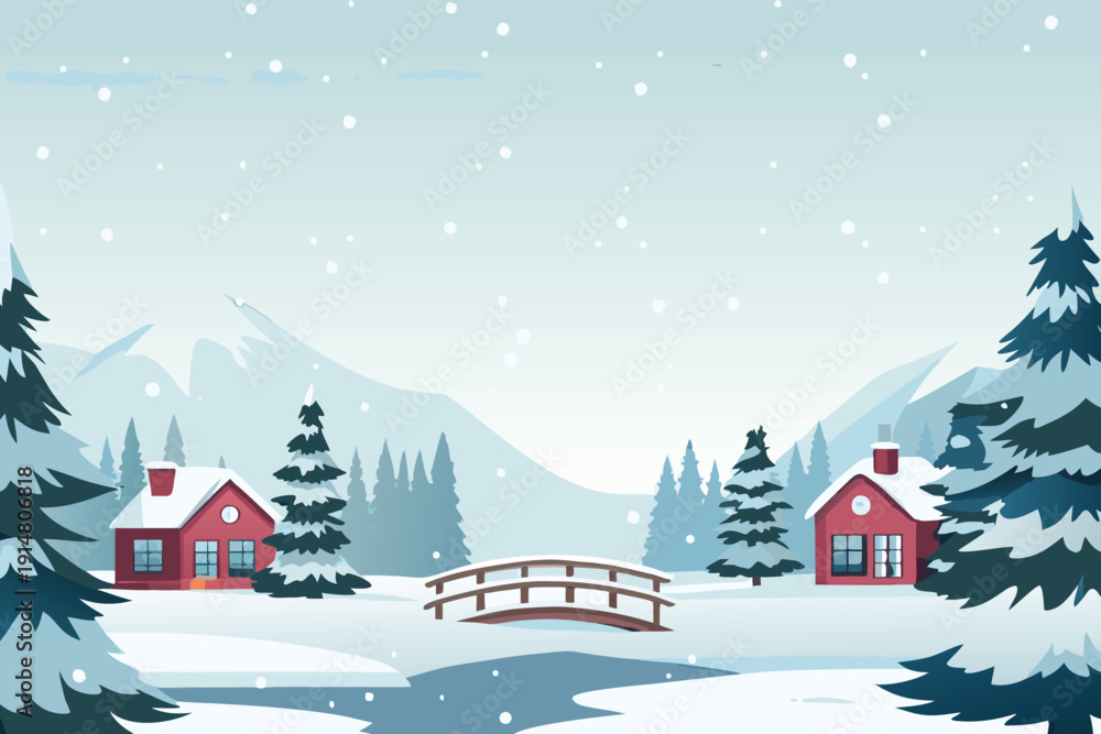 Fototapeta premium A peaceful winter landscape featuring snow covered houses a bridge and mountains