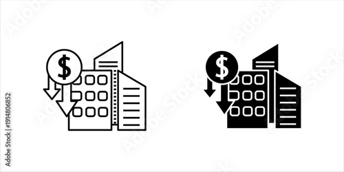 Line icon set. showing a building with dollar symbol and downward arrow, representing financial loss, revenue decline, and economic downturn.