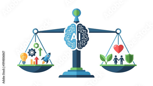 Conceptual illustration balancing artificial intelligence and technological progress with human values, ethics, and social responsibility for a sustainable future.