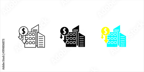 Line icon set. showing a building with dollar symbol and downward arrow, representing financial loss, revenue decline, and economic downturn.