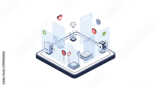 Dynamic isometric illustration highlighting the interconnectedness of ethical technology, data security, sustainable practices, and social responsibility in a modern digital ecosystem.