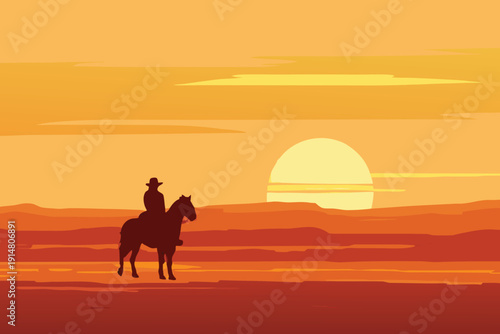 A lone cowboy silhouetted on horseback during a vibrant sunset in the