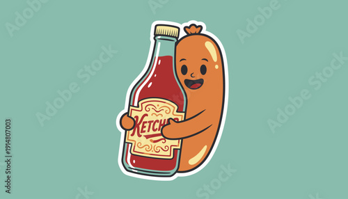 Retro Cartoon Mascot Sticker: Happy Sausage Character Hugging a Ketchup Bottle on Turquoise Background