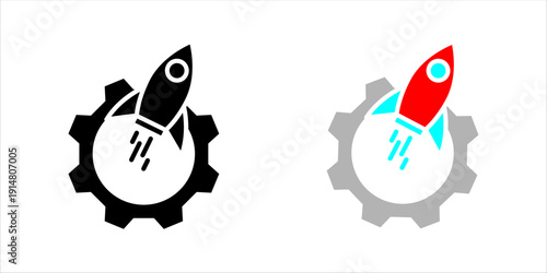 Minimal line icon set. of a rocket launching from a gear, symbolizing startup growth, innovation, product launch, and business acceleration.