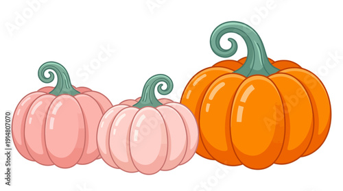 Cute Pink and Orange Cartoon Pumpkins Vector Illustration. Festive Fall Gourds for Halloween, Autumn Decoration, and Holiday Design Elements.