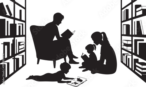 Family reading books in a library with bookshelves