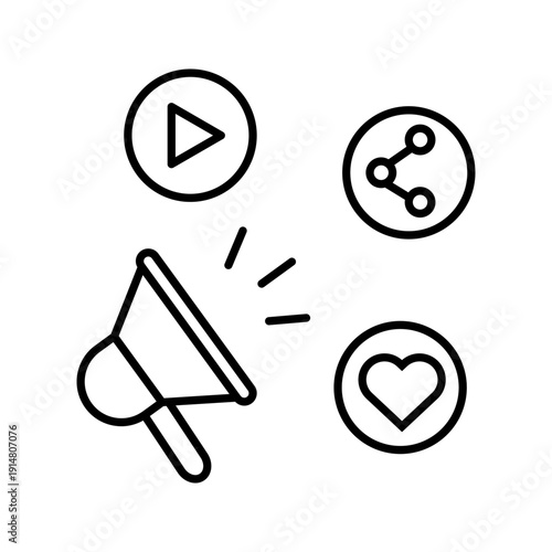 Minimal line icon featuring megaphone, play button, share symbol, and heart, representing digital marketing, social media engagement, and online promotion.