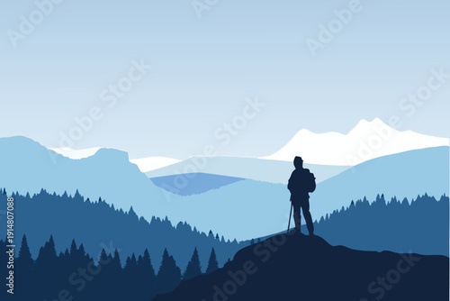 A lone hiker stands silhouetted against a serene mountain landscape at dusk