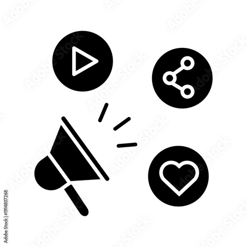 Minimal line icon featuring megaphone, play button, share symbol, and heart, representing digital marketing, social media engagement, and online promotion.