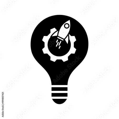 Line icon of a light bulb containing a rocket and gear, representing creative ideas, startup innovation, and business development concepts.