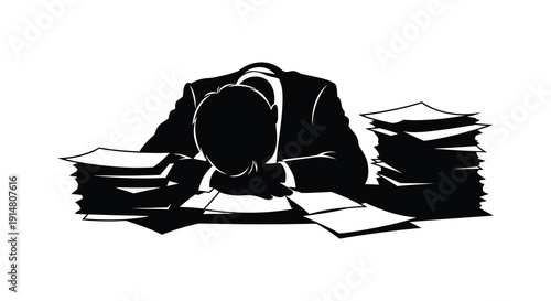 A black silhouette of a person working diligently at a desk with papers ideal for design on transparent background high quality