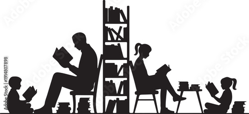 Family reading books in front of bookshelf silhouette