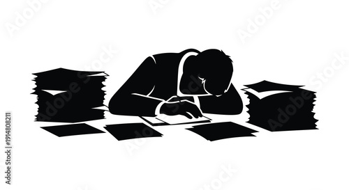A black silhouette of a person working at a desk piled with papers ideal for design projects on transparent background