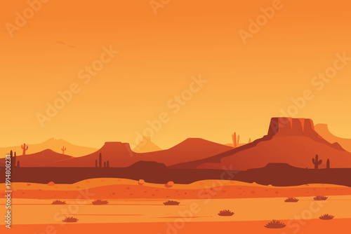 A stylized desert landscape scene featuring cacti mountains and a sunset high quality