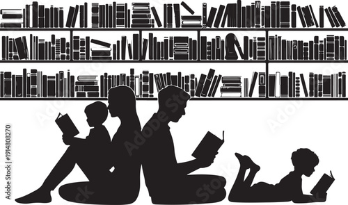 Family reading books in front of bookshelves silhouette