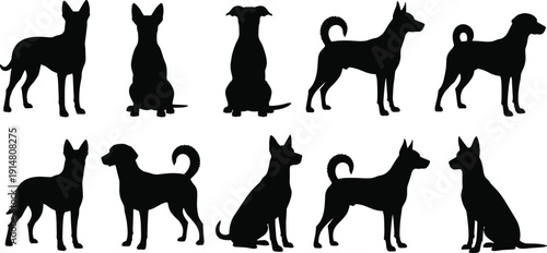 Collection of black dog silhouettes featuring various breeds in different poses including sitting standing and looking alert isolated on a clean white background for SEO