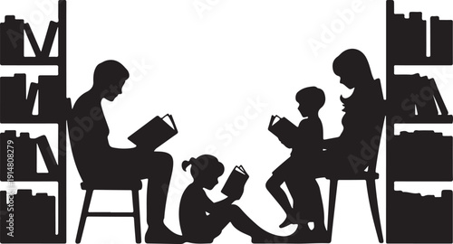 Family reading books in library with bookshelves