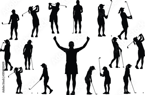 Collection of black silhouettes featuring female golf players in various action poses including swinging hitting balls and celebrating victory isolated on a white background