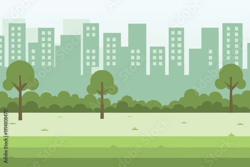 A simplified green cityscape illustration shows trees and buildings in harmony high quality