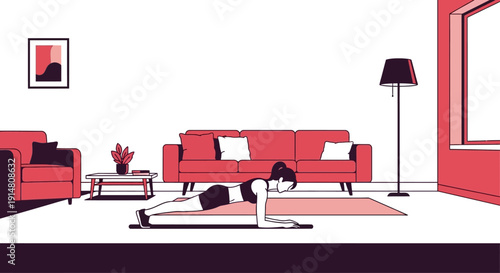 Person stretching on yoga mat in modern living room with red sofa and lamp