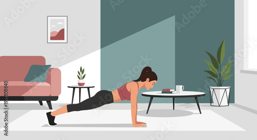 Woman doing push-ups in modern living room with sofa and coffee table indoors