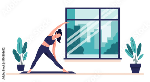 Woman practices yoga near window with potted plants indoors