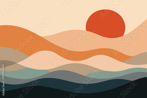 Abstract landscape with rolling hills and a rising or setting sun high quality
