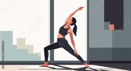 Woman practices yoga in modern studio with large windows and city view