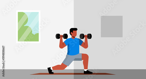 Man lifting dumbbells in a gym with exercise equipment and posters on the wall nearby