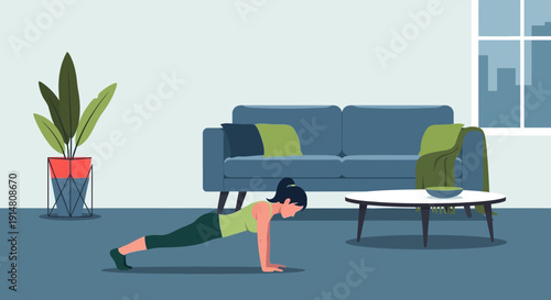 Woman does push-ups in living room with couch and coffee table nearby indoors.
