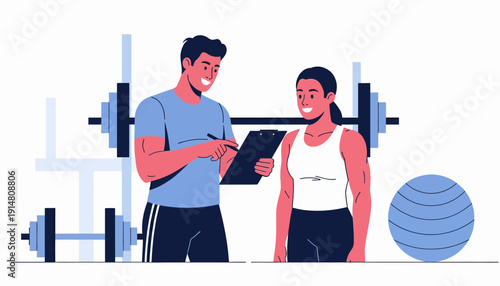 Fitness instructor guiding woman with clipboard at gym with equipment and exercise ball