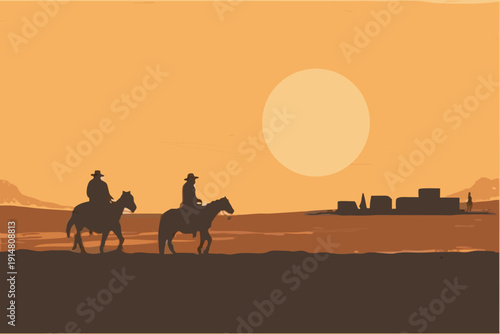 Silhouetted cowboys ride horses across a desert landscape at sunset time high quality
