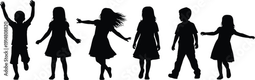 Collection of black silhouettes featuring happy children and kids in various active poses including running jumping and playing isolated on a clean white background