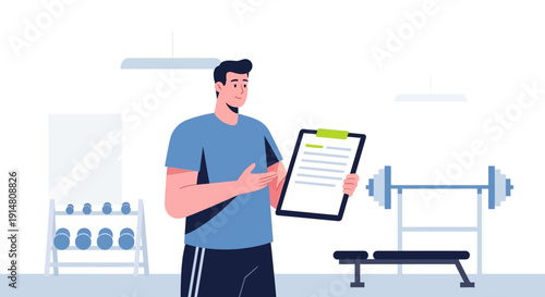 Man holding clipboard standing in gym with weights and bench