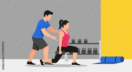 Fitness instructor guiding woman in lunges exercise at gym with equipment nearby